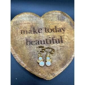 Cute Faux Pearl Snowman Christmas Earrings Gold Tone Clip On Vintage